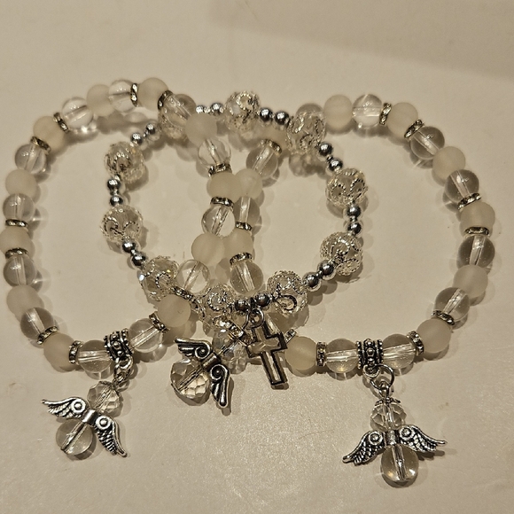 3 Angel, Cross, Clear & Frosted Glass & Rhinestone Stretch Beaded Bracelets - Picture 4 of 6